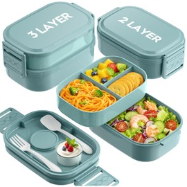 Pure Whimsy Bento Lunch Box, 65 oz 3-Tier Stackable Lunch Container, Adjustable 2/3 Tier Design, BPA-Free Food-Grade Plastic, Leakproof, Microwave & Dishwasher Safe, Green