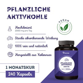 Vitavea Activated Carbon Tablets - 2000 mg - 240 Tablets - 100% Natural - Activated Carbon from Coconut - Digestion, Flatulence, Intestinal Gases, Flat Stomach, Intestinal Treatment