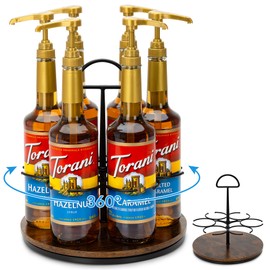 SUNNEKO Rotating Coffee Syrup Organizer Hold 6 Bottles, Wood Coffee Syrup Rack for Countertop, Large Bottle Holder Stand for Bar Station, Turntable Wine Display Tray (Black - 6 Bottles)