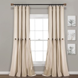 Lush Decor Linen Button Window Curtain Panel, Single, 40" W x 108" L, Dark Linen - Country Curtains - Rustic Decor - Color Block Modern Farmhouse Curtains For Living Room, Bedroom & Dining Room