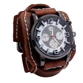 MINILUJIA Handmade Men Watches Vintage Punk Hip-hop Gothic Wide PU Leather Fashion Cuff Round Dial Quartz Wristwatch Big Dial Black Brown (Brown)