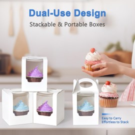Shallive Cupcake Boxes 25pcs, Individual Cupcake Carrier White with Window Insert and Handle Pastry Containers Single Muffins Container for Bakery Wrapping Party Favor Packing