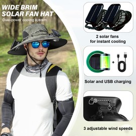 Solar Fan Hat,Wide Brim Solar Powered Fan Hat with 2 Built-in Fans,UPF 50+ Sun Hat for Outdoor Hiking Fishing Camping
