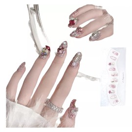 Press on nails 10 Uñas Postizas Decoradas Cristal Brillo Rosa Almendra Flor