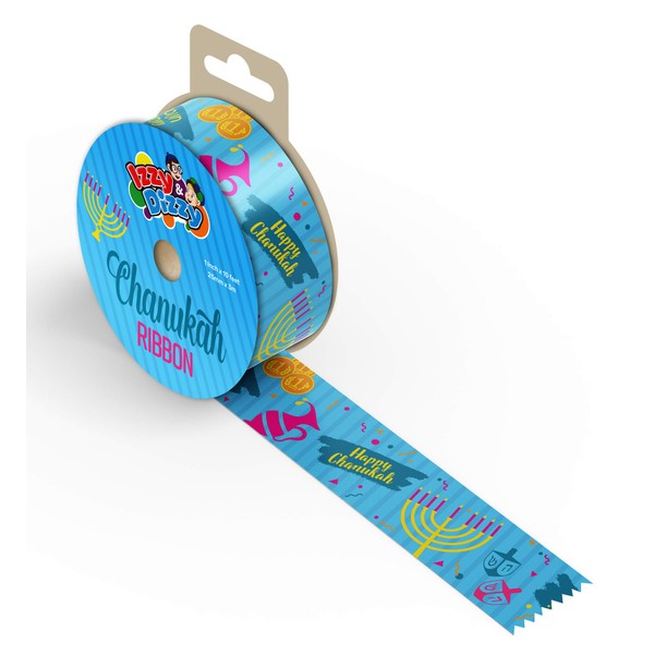 Izzy 'n' Dizzy Hanukkah Gift Wrap Ribbon - Blue Nylon Wrapping Paper Ribbon - 25mm x 3mm