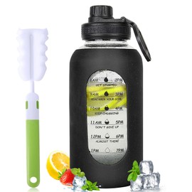 40oz Glass Water Bottle with Handle Lid Time Marker Motivational Sport Water Jug with Silicone Sleeve Water Flask Canteen Wide Mouth Water Bottle for Gym Workout Travel Office Home Everyday Hydration