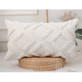 NUYECY Diamond Pattern Long Pillow Covers 14 x 24,Plush Chenille Decorative Long Lumbar Pillow Case Pillow Covers Cushion Case for Sofa Couch Bed Livingroom Farmhouse,Modern Boho,Cream White