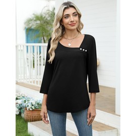 LOMON Tunic Tops for Women Loose Fit Dressy 3/4 Length Sleeve Womens Tops Fall Asymmetrical T Shirts 2025 Black XXL