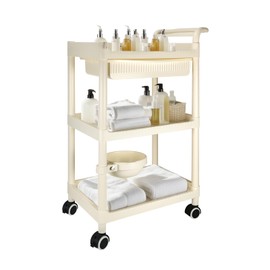 TAGEPOR 3 Tier Rolling Cart with Drawers, White Utility Carts for Kitchen, Laundry Room and Bedroom, 3 Tier Grocery Carts for Home and Office, Bathroom Organizers and Storage Rack on Wheels
