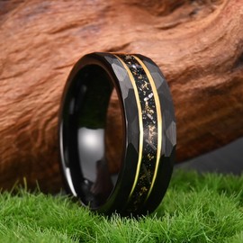 Concept Knight Tungsten Carbide Rings for men and women 8mm Golden Fluted Inlay Gold Foil Meteorite Men's Wedding bands High Polish Hammered Matte brushed (8mm black, 10)