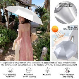 UPF50+Small Umbrella For Travel Mini Titanium Silver Coating Sunscreen Umbrella for UV Protection, Cooling, Rain and Rain Dual Use 300g Lightweight Compact Umbrella Can Be Put in a Pocket (Black - Titanium Silver)