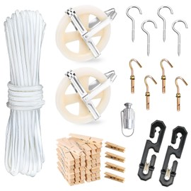 Clothesline Kit Outdoors, Clothes Line Pulley Kit, 164ft Polyester Clothes Line Rope Outdoors Heavy Duty, Clothesline Pulley Kit with S Separator Spreaders, Rope Tightener, Hook for Outdoor Clothes