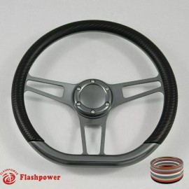 FLASHPOWER 14" Gun Metal D-Type Carbon Vinyl Steering Wheel Mustang GMC Corvair W/Horn