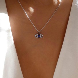 Inilbran Boho Crystal Sapphire Evil Eye Necklace Blue Crystal Demon Eye Necklace Choker Vintage Rhinestone Sapphire Evil Eye Necklace Choker Bling CZ Crystal Protective Necklace Chain, Zinc, No