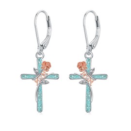 Flpruy Mom Earrings 925 Sterling Silver Rose Flower Cross Earrings Turquoise Cross Pendant Jewelry Birthday Gifts for Mom from Daughter Son