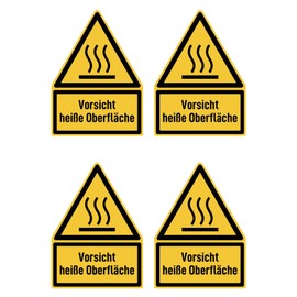 Sticker 150 x 100 mm, Pack of 4 – Caution Hot Surface – Warning Sign with Text (German) (Yellow/Black) – Dreick – W017 – DIN EN ISO 7010 / ASR A1.3