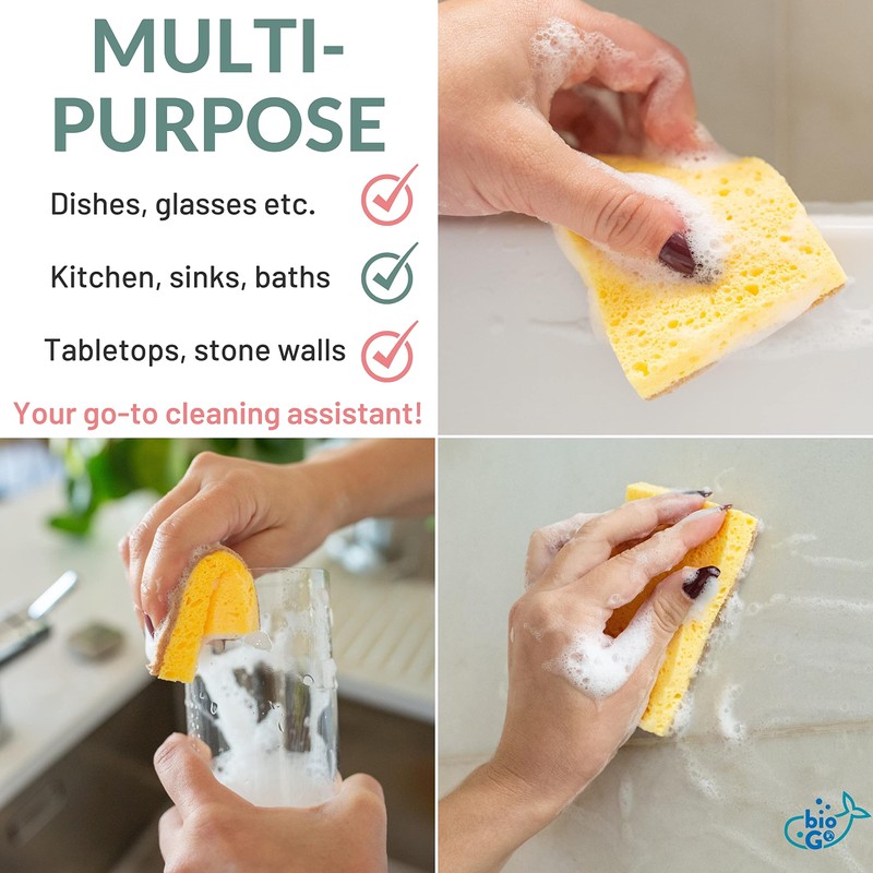 bioGo 12 Pack Biodegradable Kitchen Sponges - Eco-Friendly, Compostable, Natural