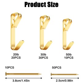 Universal Picture Hooks Set, 120 Photo Picture Painting Hanging Hooks & Nails, 20 lb/30 lb/50 lb Metal Hooks, Durable, Picture Hanger Hooks with Nails, Picture Frame Hooks, Stainless Steel for Mirrors