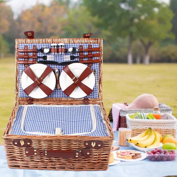 Large Wicker Picnic Basket With Cups Flatware Set Utensils Basket