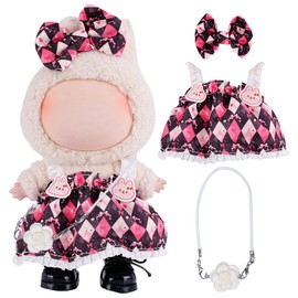 3pcs 17cm Doll Clothes Set for Blind Box Dolls (No Doll), Stylish Doll Outfits Accessories, Plaid Dress for Doll with Bow, Handbag AK055C
