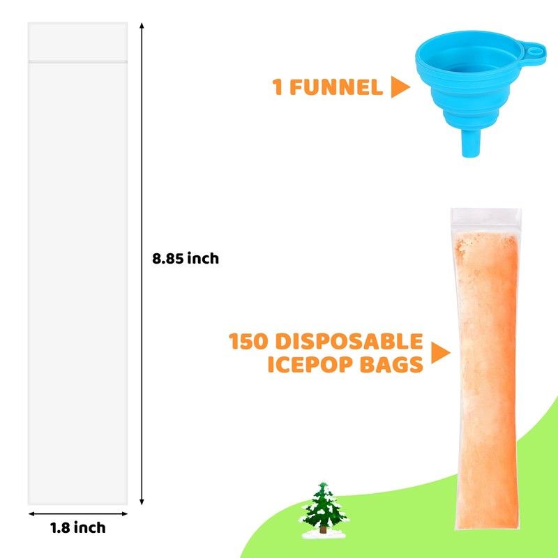 150 Disposable Ice Popsicle Mold Bags Comes With A Funnel,
