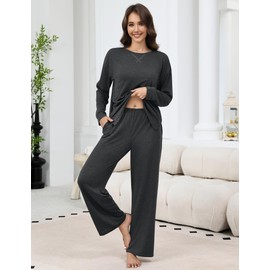 Ekouaer Women's Pyjamas Long Side Slit Two Piece Travel Airport Outfits Wide Leg Tracksuit Baggy Loungewear Comfy Leisure Suit S-XXL, darkgray, L
