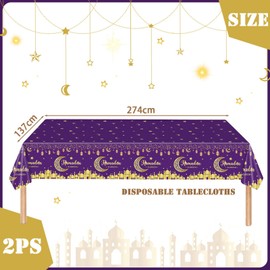 COSORO 2pcs Purple Gold Eid Al-fitr Table Cloth Eid Ramadan Mubarak Tablecloths,137 * 274cm Eid Decorations Moon Star Tablecover Plastic Tablecloth for Ramadan Umrah Mubarak Islam Muslim Decoration