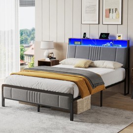 BedsPick Twin Bed Frame with Headboard, Metal Platform Bed Twin Size with 2-Tier Storage and Ergonomic Velvet Headboard, Charging Station, Smart LED Lights, Easy Assembly, No Box Spring Needed