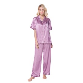 Women's Short Sleeve Classtic Satin Pajama Set (Large, Light Purple)
