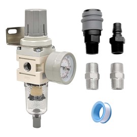 YSIL 1/4" NPT Compressed Air Filter Regulator Combo Piggyback 5 Micron Brass Element Poly Bowl Semi Auto Drain Metal Bracket 0-150 PSI Gauge