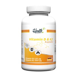 HEALTH + VITAMIN D3 and K2, 90 capsules each 125 IU of vitamin D3 and 200 mcg of vitamin K2, high-dose vitamin D for strong bones and teeth, Health-Plus dietary supplement made in Germany