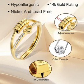 ALEXCRAFT Gold Rings for Women Men, Anxiety Rings 14K Gold Plated Sterling Silver Heart Ring with Zirconia Spinner Bead Stress Relief Ring, Stackable Adjustable Thumb Finger Ring Gold Unisex Rings