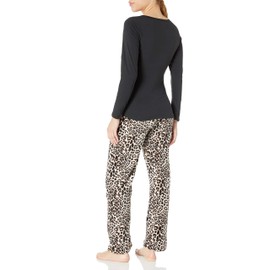 Cherokee Women's Pajama Set, Long Sleeve Cotton Top & Micro Fleece Pants, Soft & Cozy Loungewear, Leopard, L