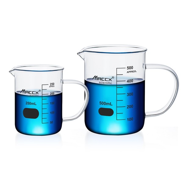 Maccx Glass Beaker with Handle Set, 2Size, Including 250ml, 500ml，3.3