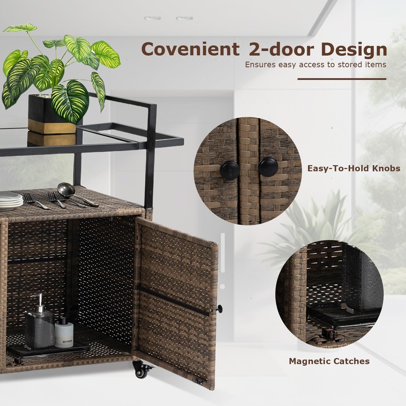 SoarFlash Outdoor Bar Cart with Storage and Wheels, Wicker Bar