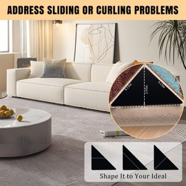 8Pcs Rug Tape, Non-Slip Rug Gripper, No Residue Carpet Tape for Area Rugs & Door Mats, Strong Rug Tape for Hardwood, Tile & Laminate Floors, Black