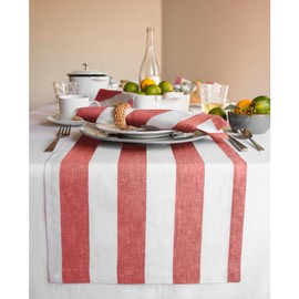 Solino Home Linen Striped Table Runner 90 Inches Long - Cabana Stripe 100% Pure Linen Red and White Dining Table Runner 14 x 90 Inch for Christmas, Holiday, Winter