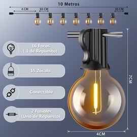 Guirnalda de Luces LED Exterior, 10M 15+1 Focos Inastillable LED G40, Serie de Luz Impermeables, Luz Vintage Decorativas para iluminación de Jardin Patio Boda Hogar Cuarto Navidad - LASPANG