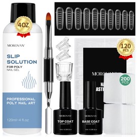 Morovan Poly Gel Slip Solution - 4oz Slip Solution for Poly Gel Nails Nail Anti-Stick Extension Gel Slip Solution Kit with Base Coat Top Coat Nail Cleaner Dual Nail Forms Poly Gel Nail Slip Solution