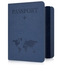YAVIV Passport Holder for Women and Men, Premium Leather Travel Passport Wallet RFID Blocking Passport Cover, World Map-Blue