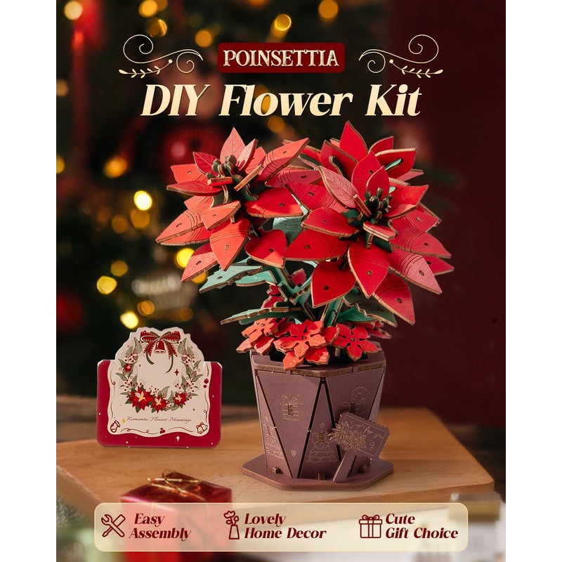 ROBOTIME 3D Puzzle Wooden Poinsettia, Artificial Flower Model Kit for