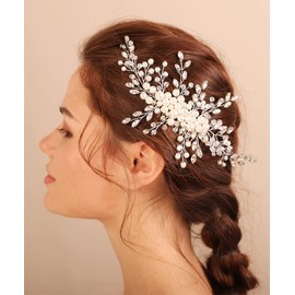 Deniferymakeup Wedding Bridal Pearl Hair Comb Vintage Something Blue Hair Accessory Updo Hair Jewelry for Women and Girls (Silver)