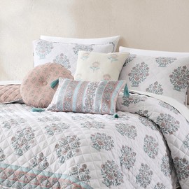 Lush Decor Sofia Flower Block Bouquet Reversible Quilt 6 Piece Set King/Cal King Clay - Block Print Quilt - Floral Bedding Set with Pillows - Boho Decor