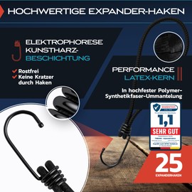 TRIBURG Expander with Hooks [Pack of 25 / 18 cm] | High Performance Elastic Straps with Hooks | Universal Rubber Tensioner with Hooks for Outdoor, Household or Load Securing | Tarpaulin Tensioner with