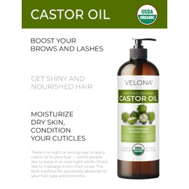 velona USDA Certified Organic Castor Oil - 8 Fl Oz | For Hair, Boost Eyelashes, Eyebrows | Cold pressed, Natural Oil, USP Grade | Hexane Free, Lash Serum, Caster…