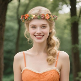 KorViSHOW Orange Fairy Flower Crown - Artificial Rose Flower Headpiece Fairy Fall Floral Headband for Women Girls Renaissance Costume Renfaire Cosplay Hair Accessories Photo Shoot