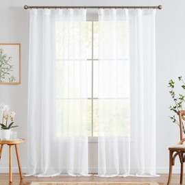 TOPICK Linen Curtains with Concealed Loops, Semi-Transparent Curtains, Sheer Voile Curtain, Modern for Bedroom, Living Room, Light Filtering Window Decorations, Set of 2, 140 x 245 cm, White