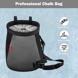 MoKo Rock Climbing Chalk Bag, Bouldering Chalk Pot Bucket with Adjustable Belt & Carabiner Drawstring Climbing Gear for Rock Climbing Weight Lifting Gymnastics Crossfit - Black+Grey