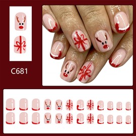 Elk 24pcs Press-on Christmas Nail Sets - Nude Coffin, French, Fake Nails With Red Hat Designs for Women, Short & Full Cover, Glue-on, Ready to Wear, DIY