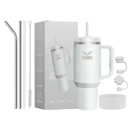 JUSTUMBLER 40 Oz Tumbler with Handle - Leak Proof Insulated Tumbler with Straw & Lid - BPA-free Stainless Steel Tumbler includes Silicone Boot, 3 Straws, 2 Straw Caps, & Cleaning Brush - Frost
